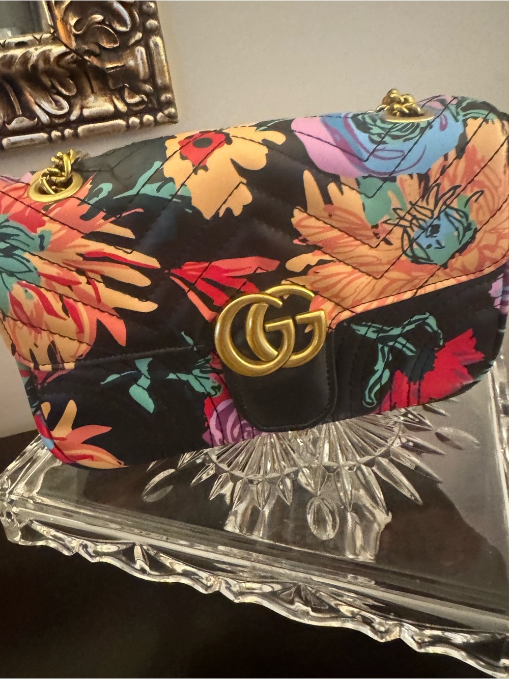 Quilted Floral Shoulder Bag with Gold Double-G Accent